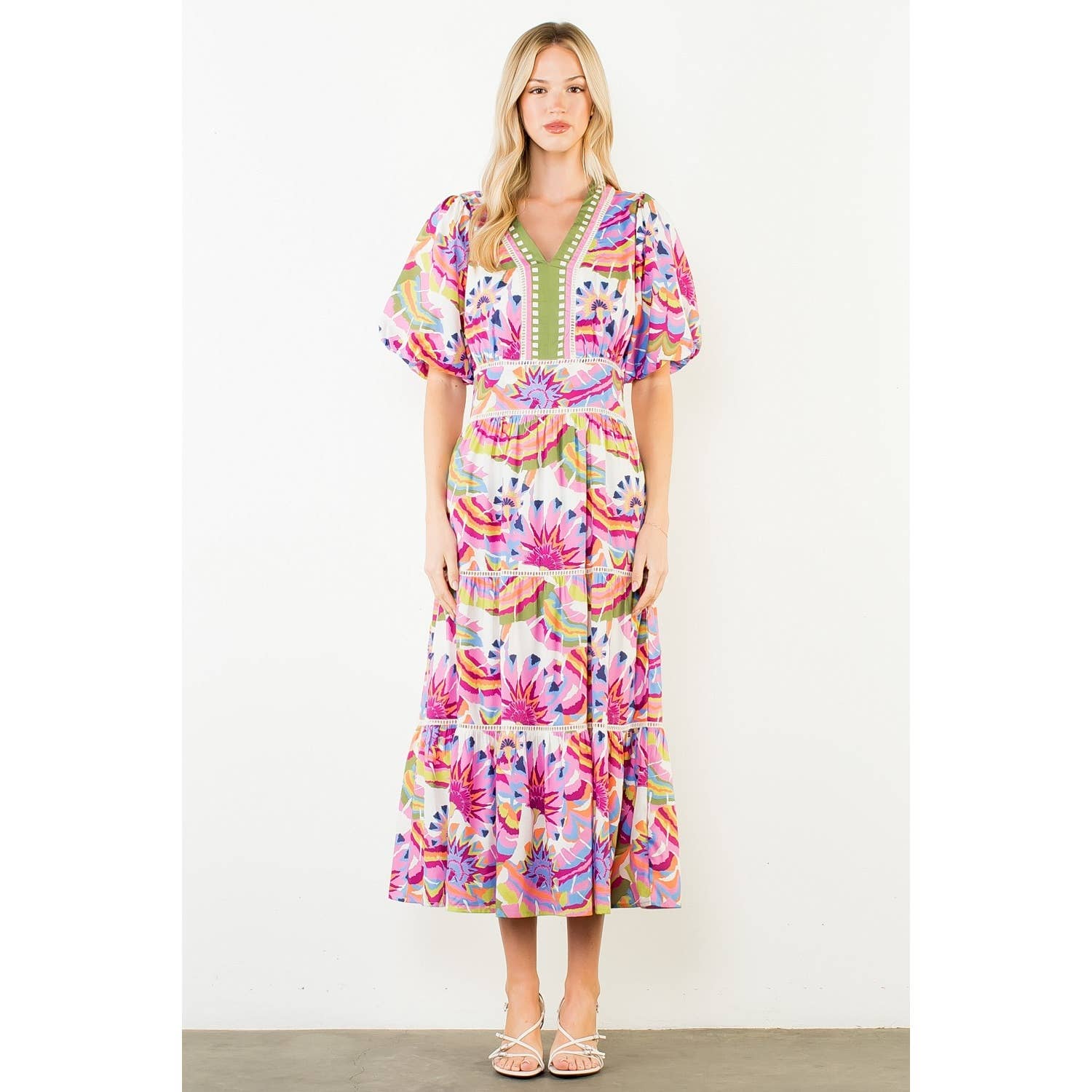Meg - Puff Sleeve Pattern Tiered Dress