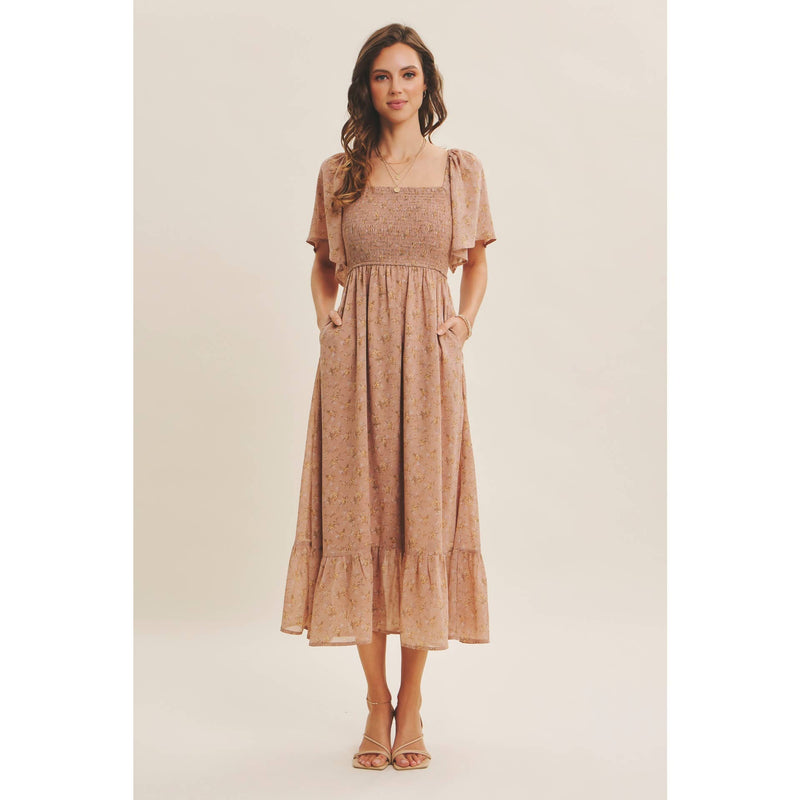 Ariana Square Neck Floral Chiffon Smocked Midi Dress