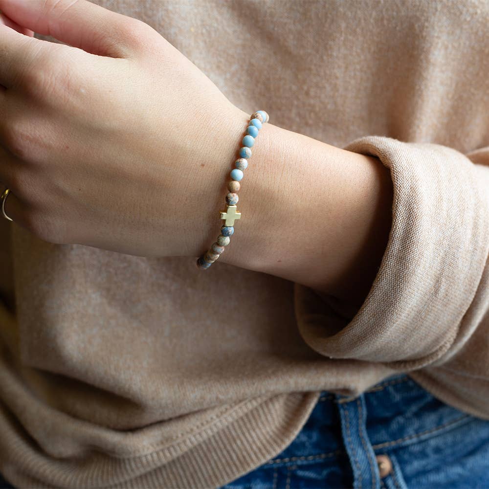 Faith Over Fear Cross Bracelet, 4mm-Blue Jasper | Christian