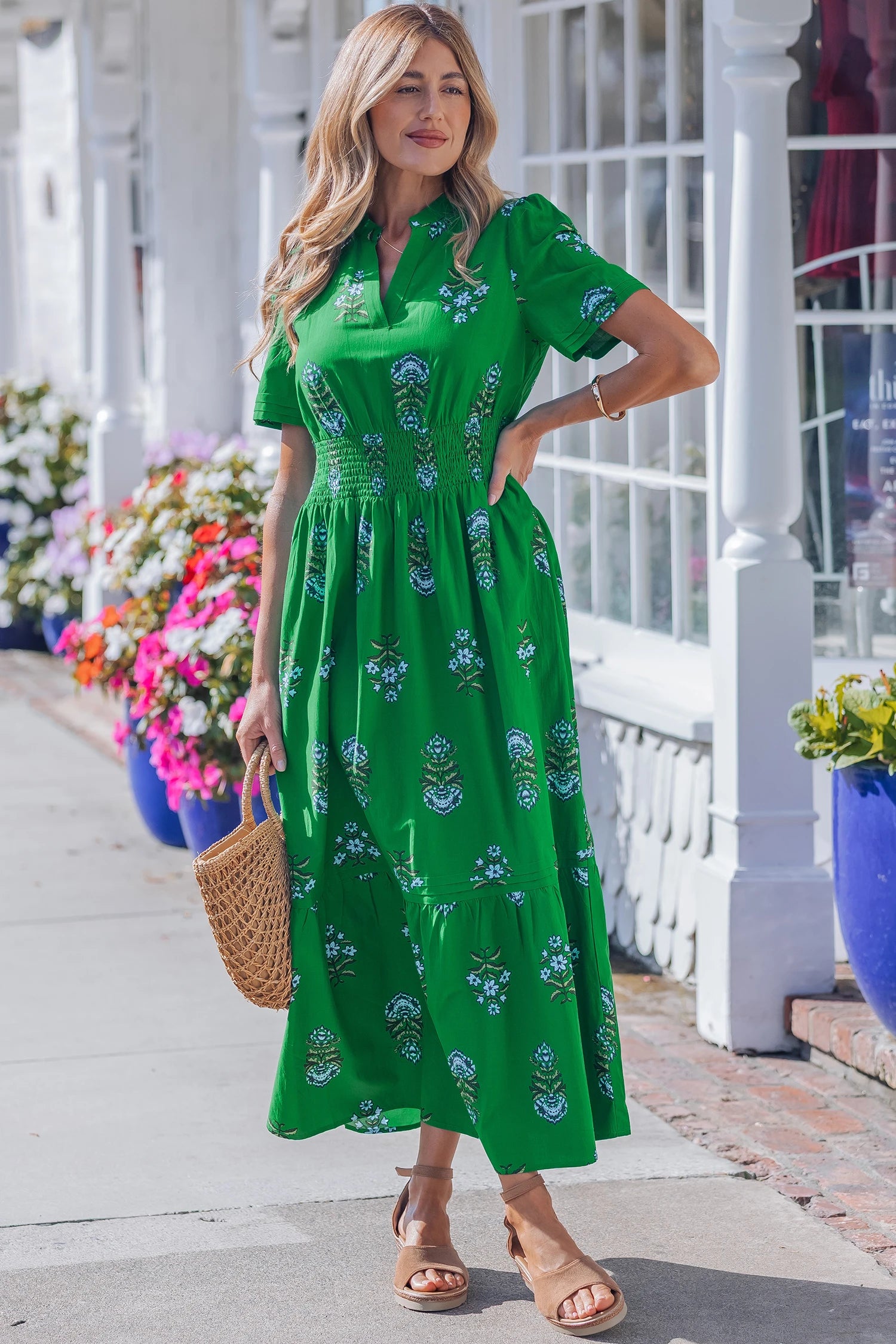 Vickie - Green  Floral Print Split Neck Shirred High Waist Ruffle Hem Maxi Dress