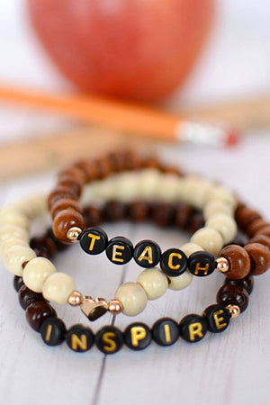 Teach Inspire WOOD bead stretch bracelet heart charm stack