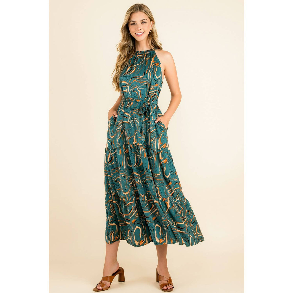 Katie - Halter Abstract Print Maxi Dress
