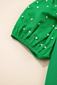 Sam - Bright Green Ribbed Pearl Beaded Puff Sleeve Blouse