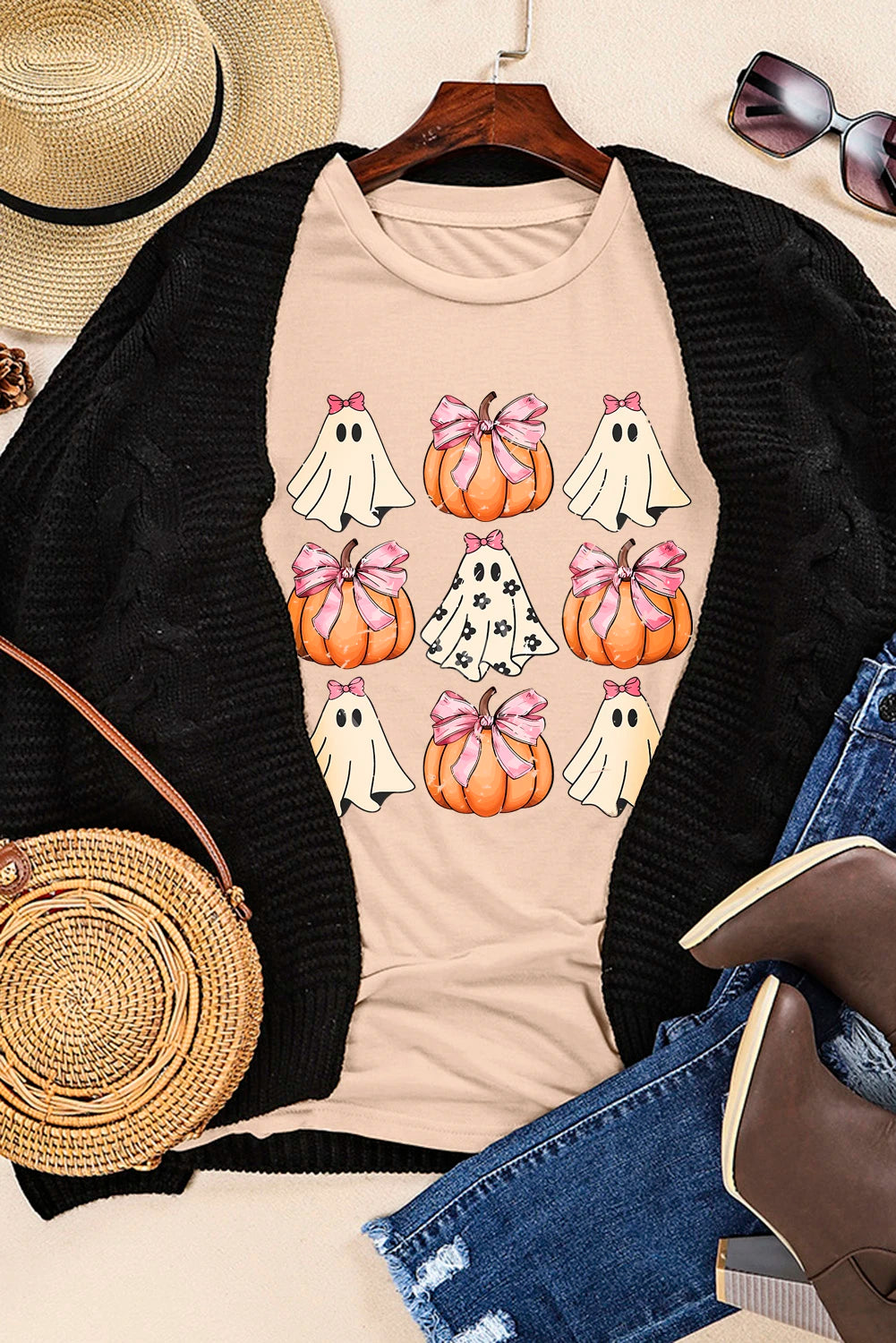 Khaki Ghost Pumpkin Tee – Bow Graphic Halloween T-Shirt, Women's Cozy Fall Short Sleeve Top