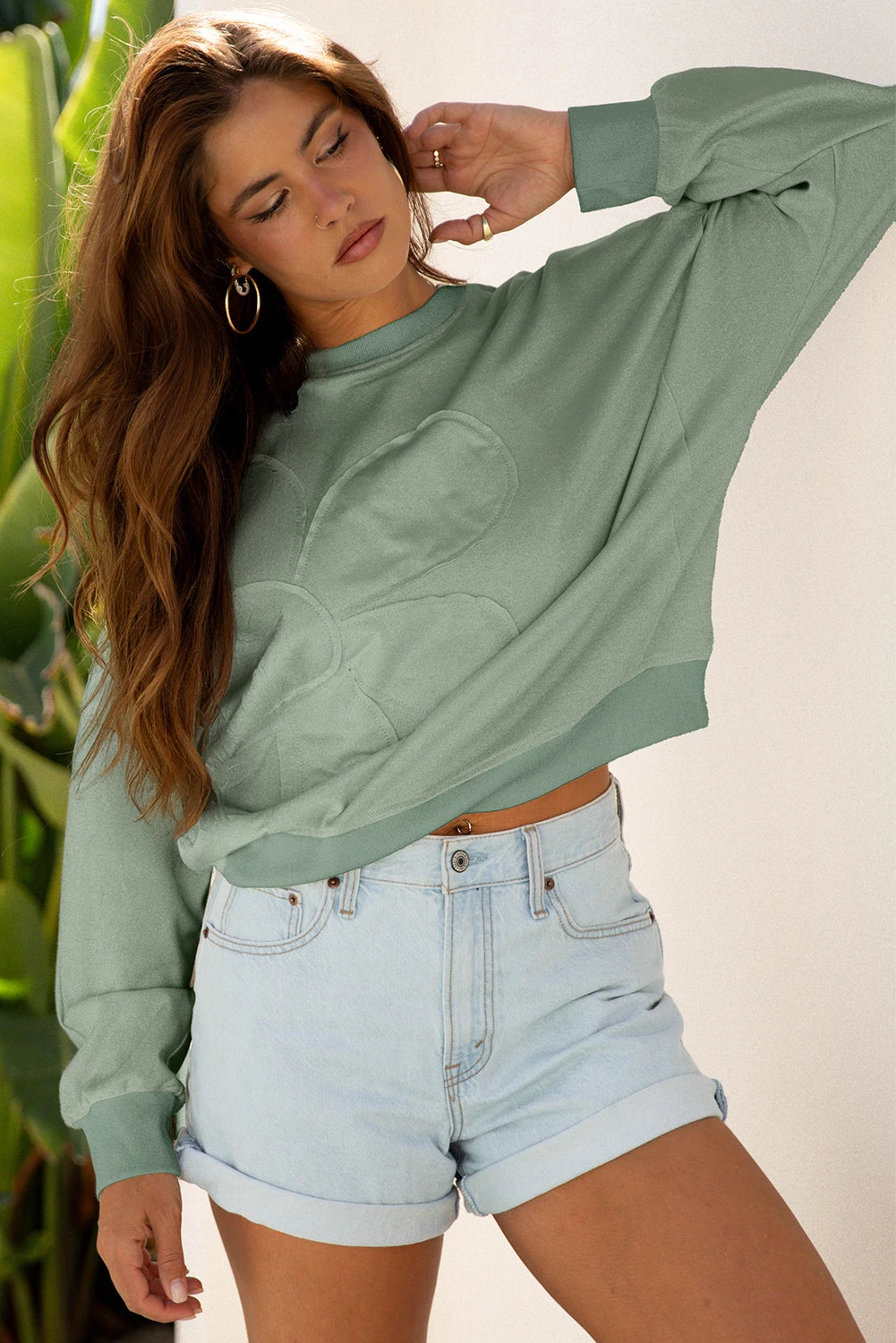 Clara - Green Floral Patch Long Sleeve Casual Top