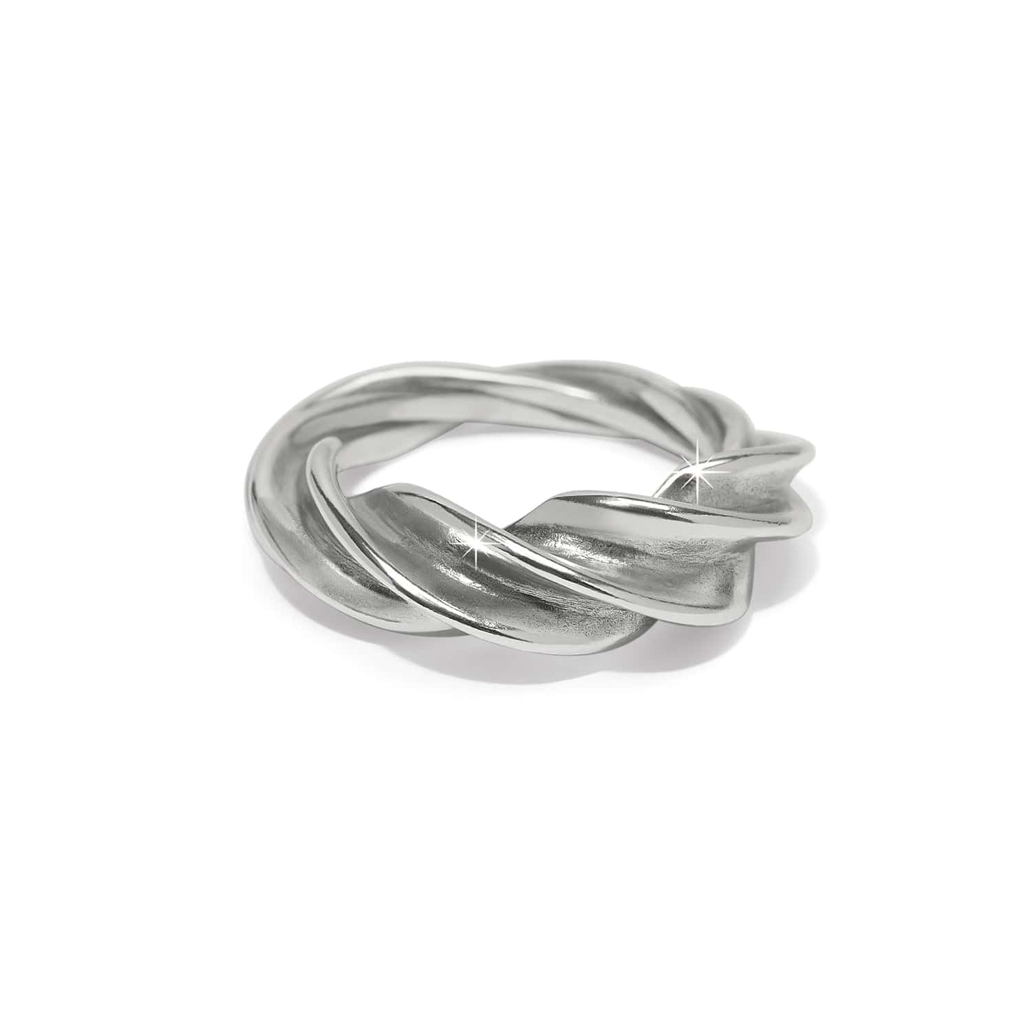 Brighton ring with twisted braided silver-plated band and polished finish on a white background