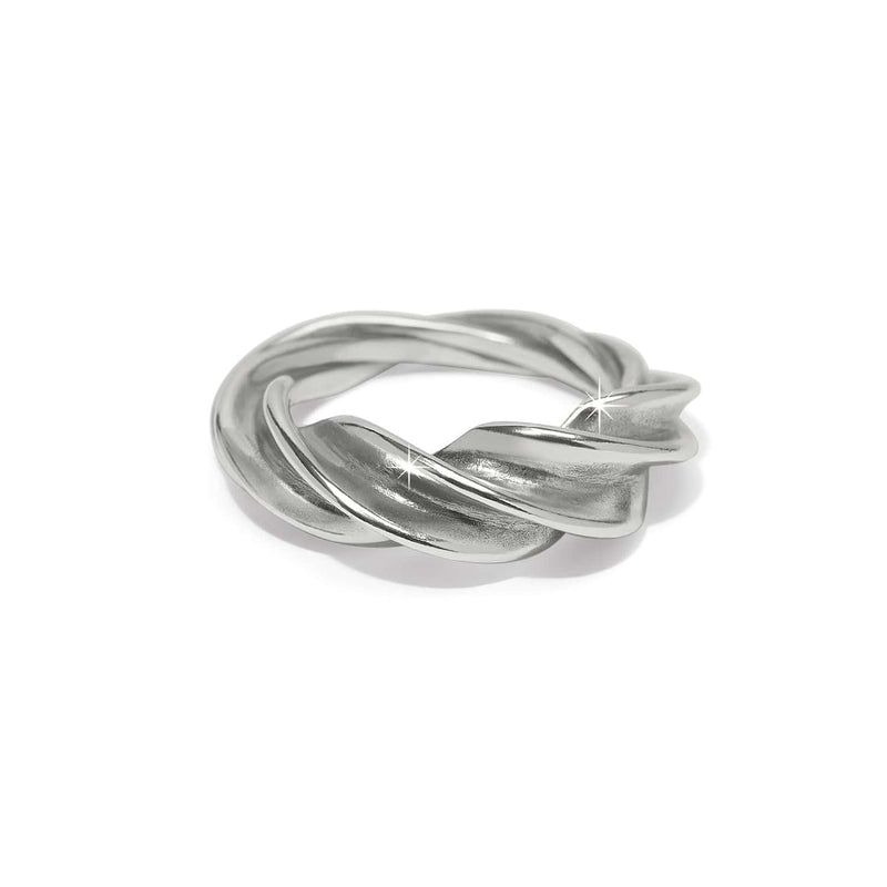 Brighton ring with twisted braided silver-plated band and polished finish on a white background