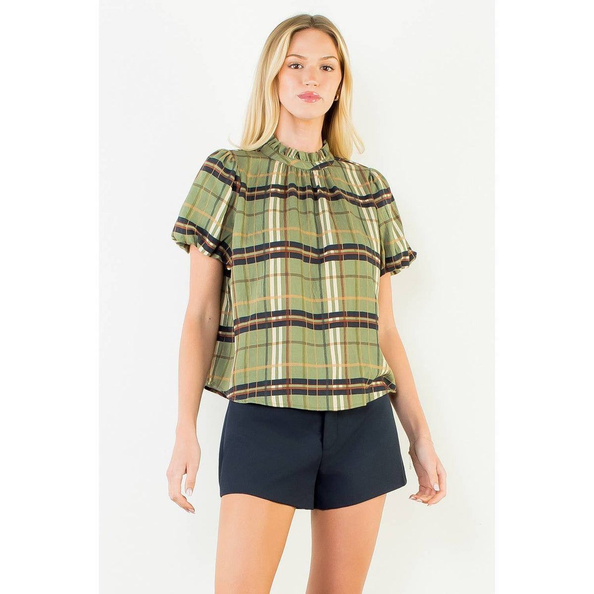 Maddie - Ruffled Neck Plaid Top