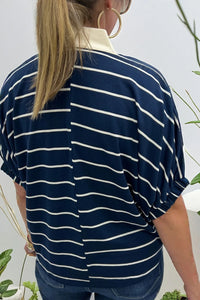 Melissa -Blue Stripe Stand Collar V Neck Cuffs Half Sleeve Dolman Top