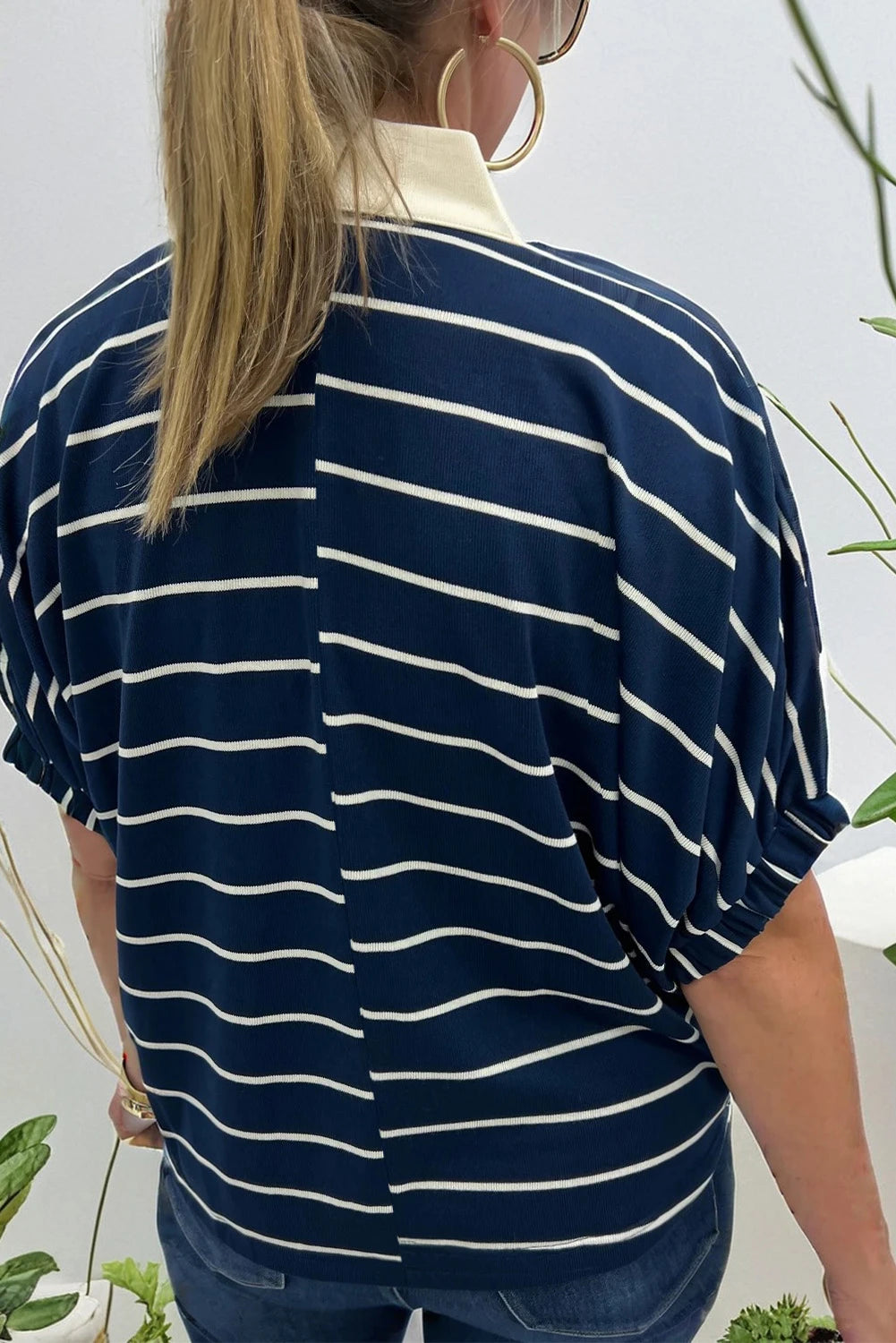 Melissa -Blue Stripe Stand Collar V Neck Cuffs Half Sleeve Dolman Top