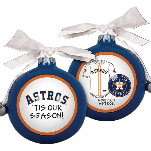 Two Houston Astros-themed Christmas ornaments with white ribbons on a white background.