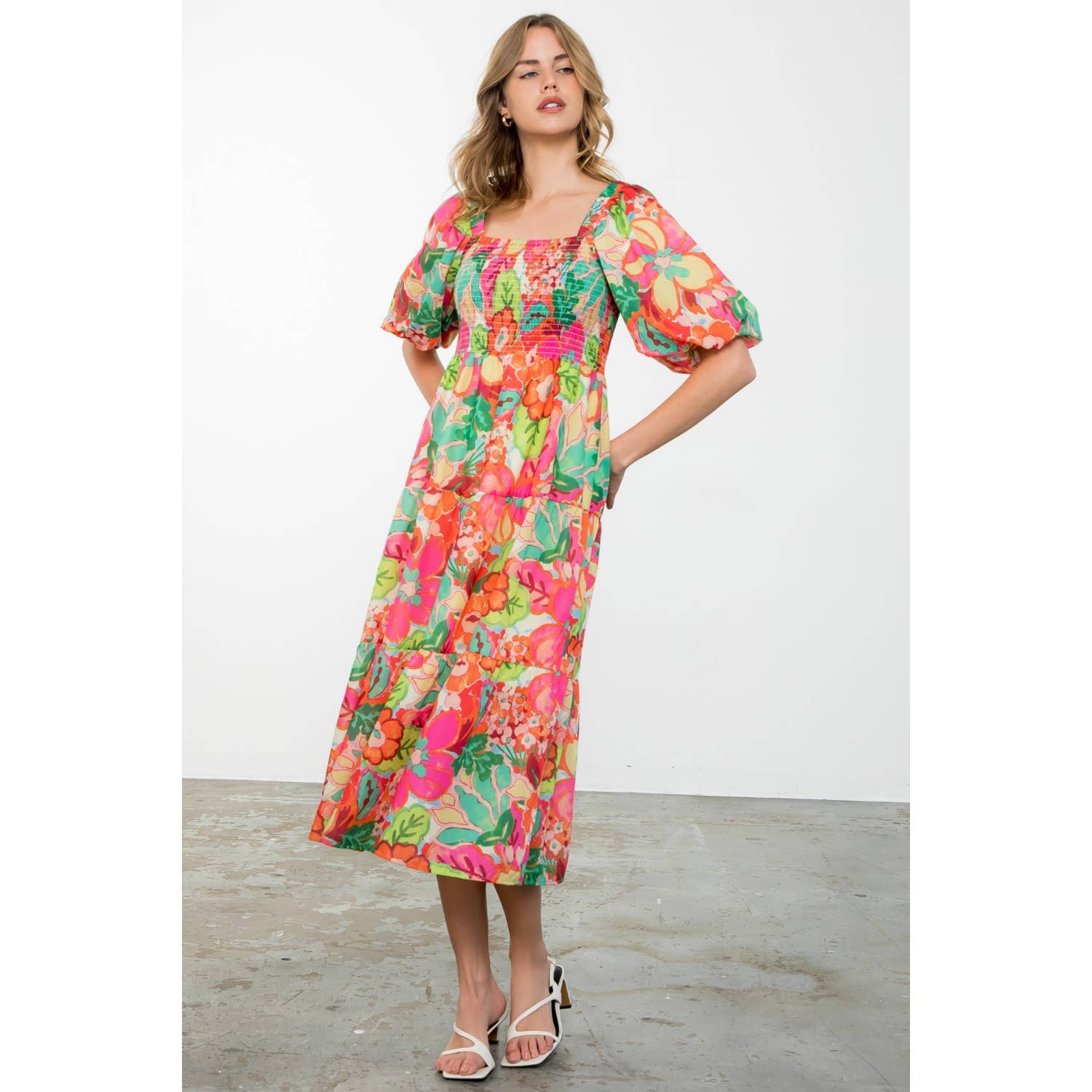 Massey - Puff Sleeve Floral Print Midi Dress