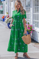 Vickie - Green  Floral Print Split Neck Shirred High Waist Ruffle Hem Maxi Dress
