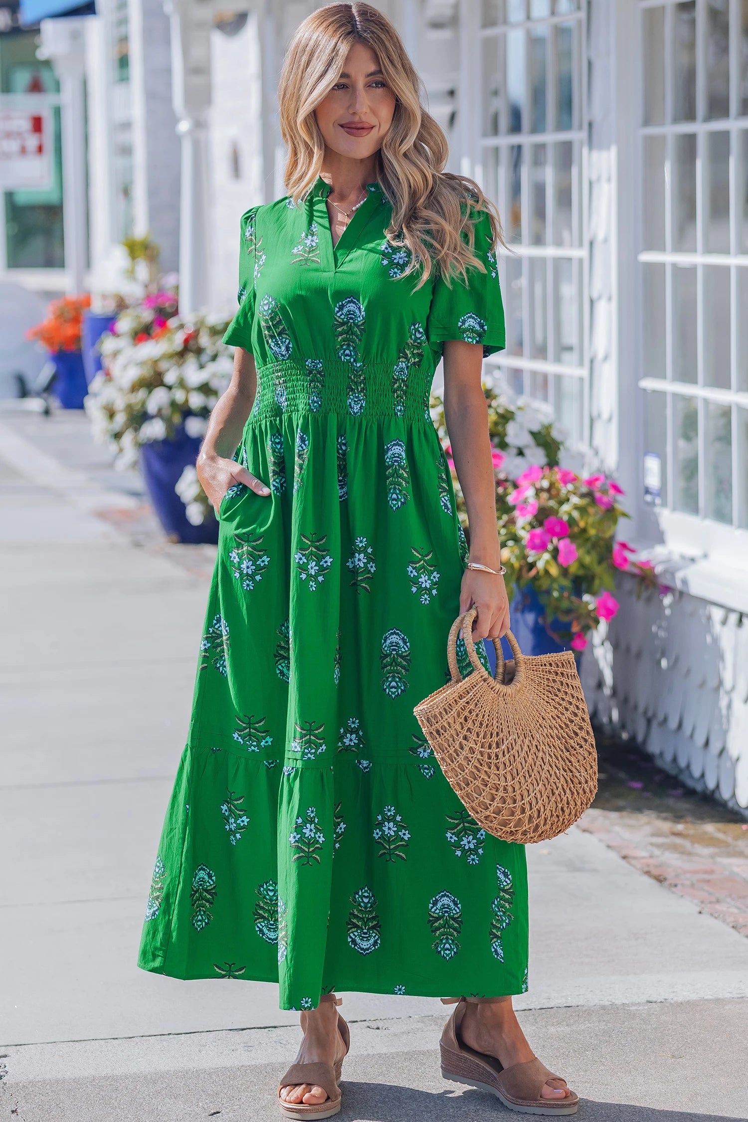 Vickie - Green  Floral Print Split Neck Shirred High Waist Ruffle Hem Maxi Dress