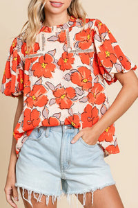 Juliete - Orange Floral Frill Neck Blouse