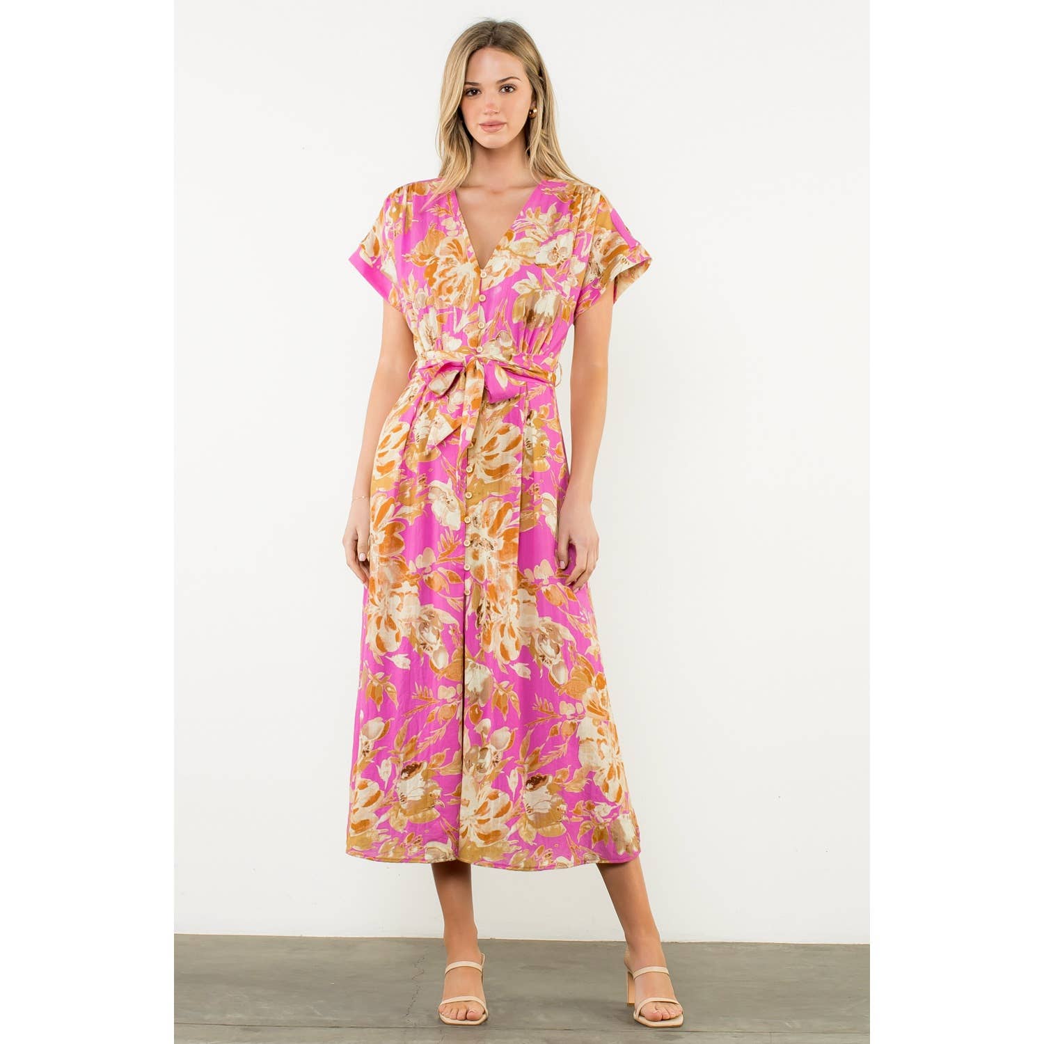 Jaylen - Belted V-Neck Floral Button Dress