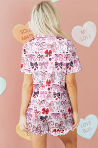 Elsie - Pink Cute Ribbon Bows Printed Short Pajama Set