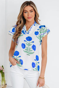 Marissa - Blue Wild Flower Print Short Sleeve Blouse