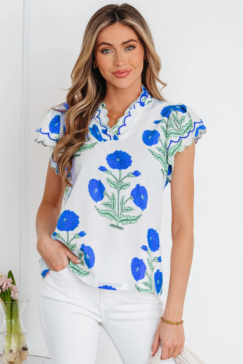 Marissa - Blue Wild Flower Print Short Sleeve Blouse