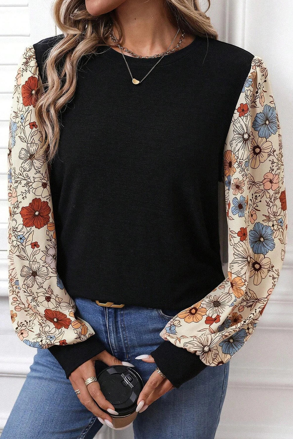 Vanessa - Apricot Floral Patchwork Top - Puff Sleeve Mixed Print Blouse