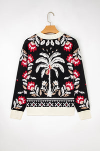 Black Floral Cardigan – Button Front V-Neck Knit Layering Top, Women's Floral Print Cardigan