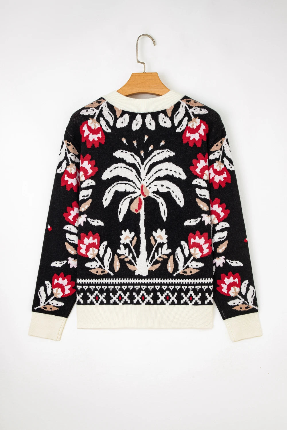 Black Floral Cardigan – Button Front V-Neck Knit Layering Top, Women's Floral Print Cardigan
