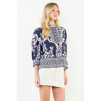 Nicolette - Long Sleeve Lace Trim Print Top