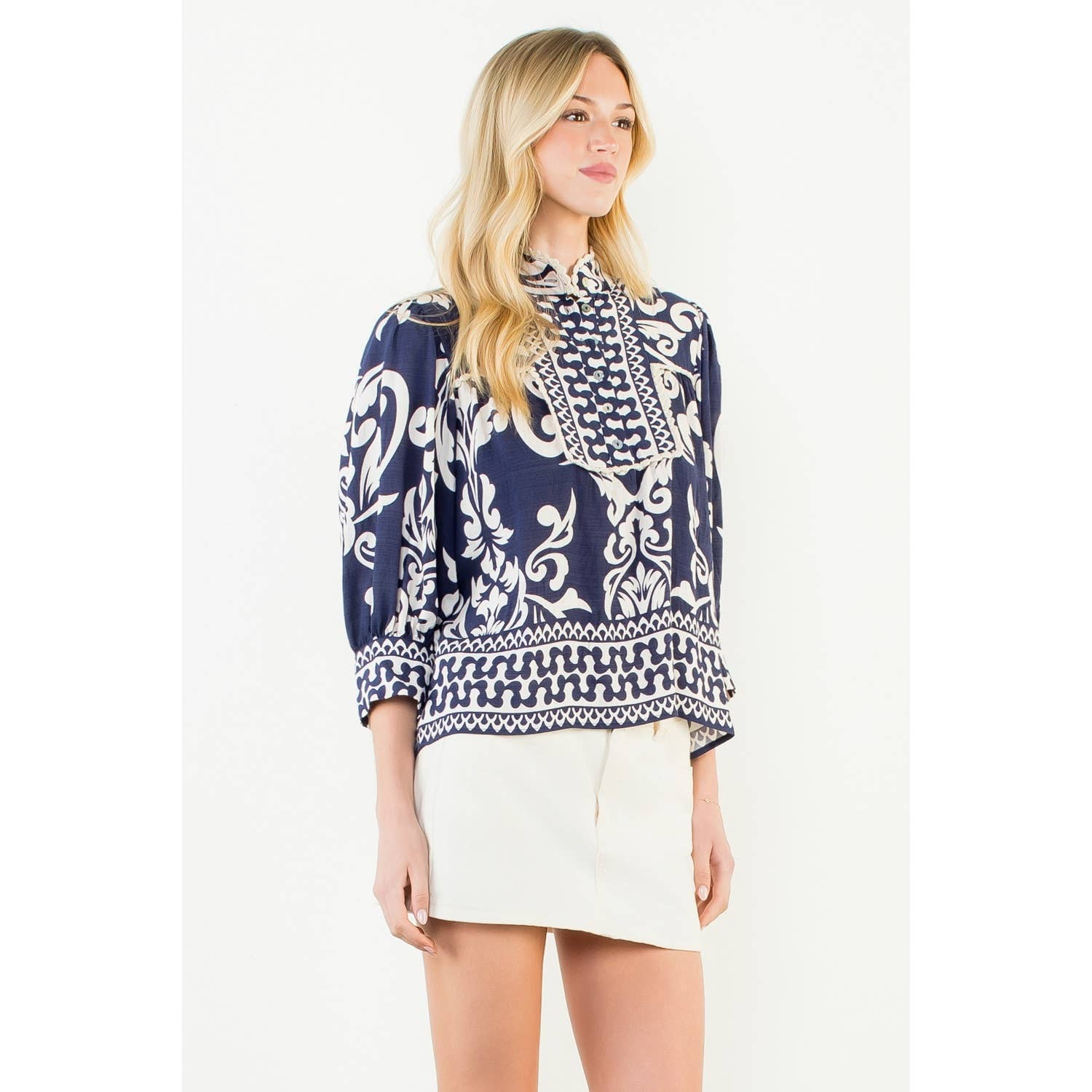 Nicolette - Long Sleeve Lace Trim Print Top