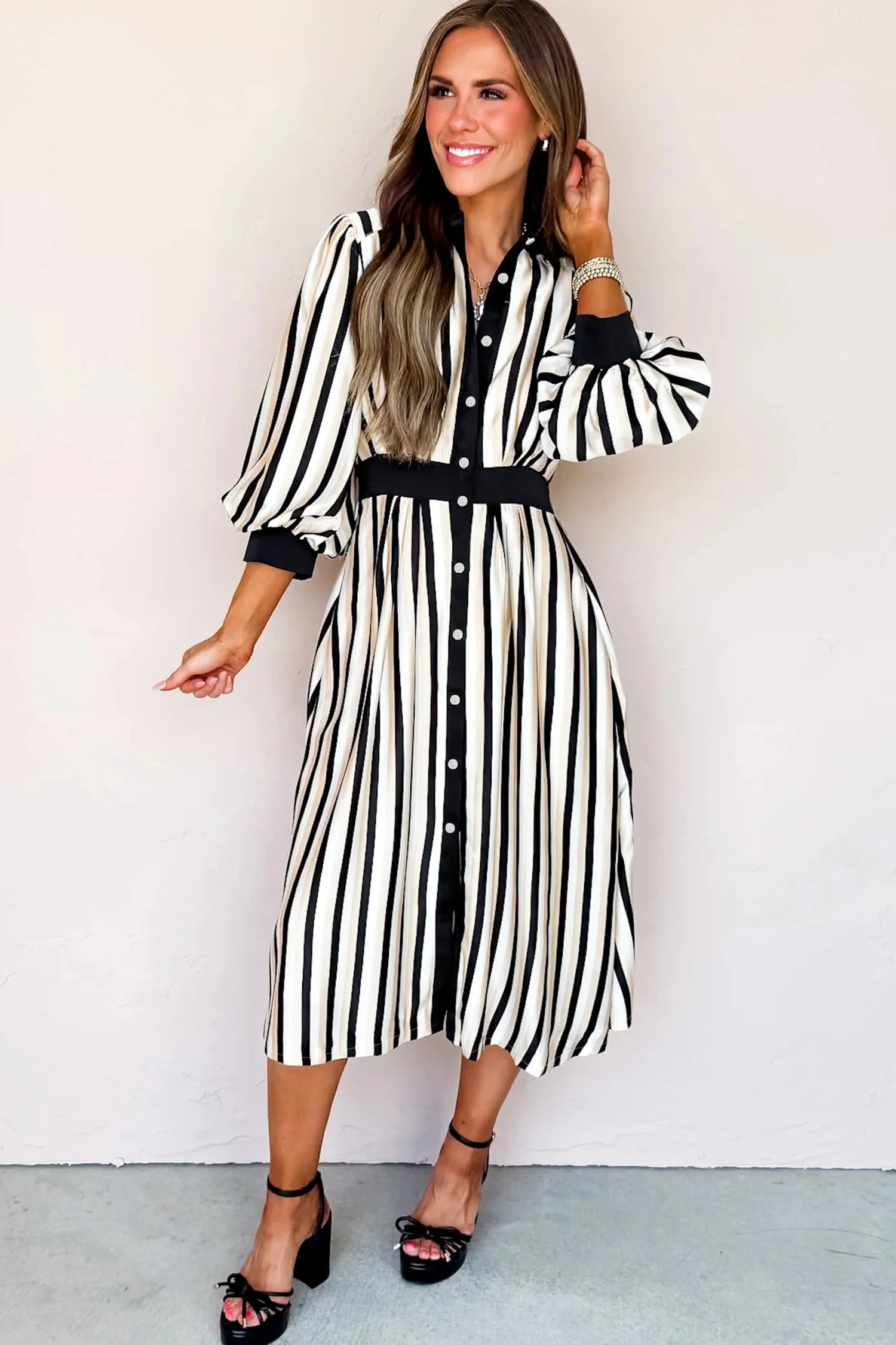 Virginia- Black Stripe 3/4 Puff Sleeve Shirt Style Button Down Midi Dress