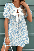 Joanna - Floral Contrast Bow Puff Sleeve Mini Dress