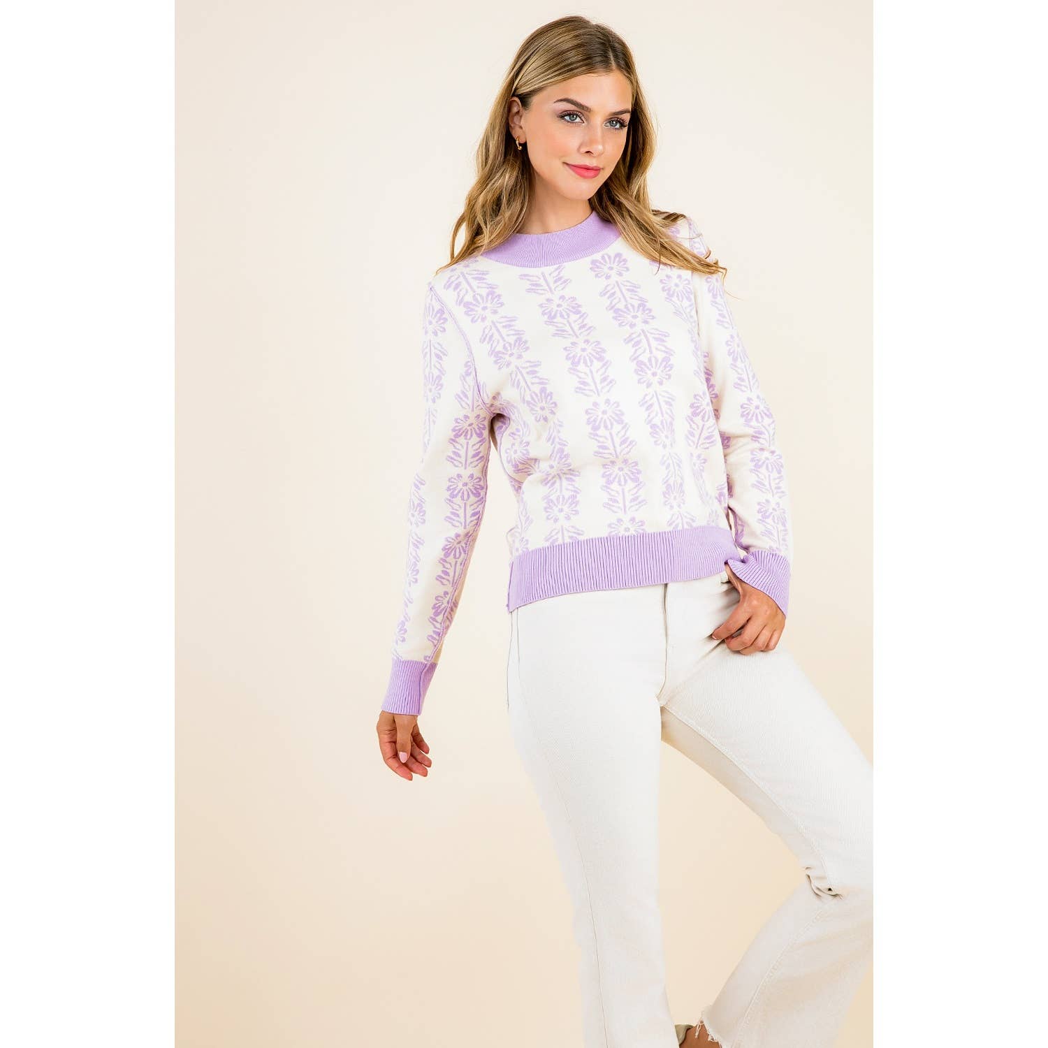 Leyla- Long Sleeve Floral Pattern Knit Pullover Sweater