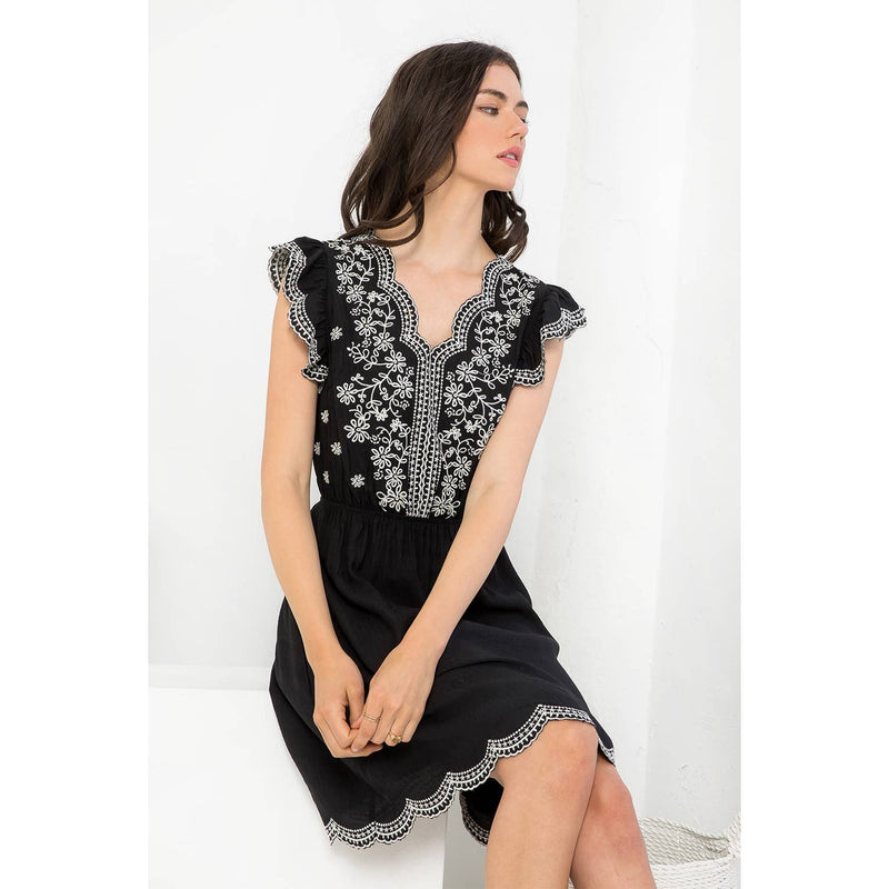 Donna-Embroidered Mini Dress W/ Scalloped Neckline