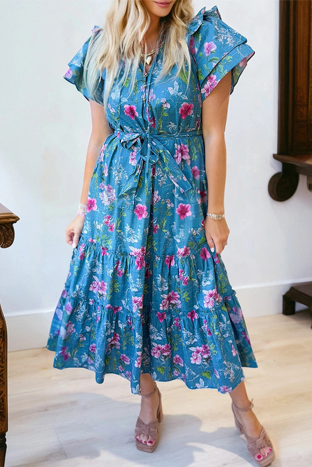 Hadley - Blue Floral Flutter Sleeve Button Tie Split Neck Belted Midi Dress