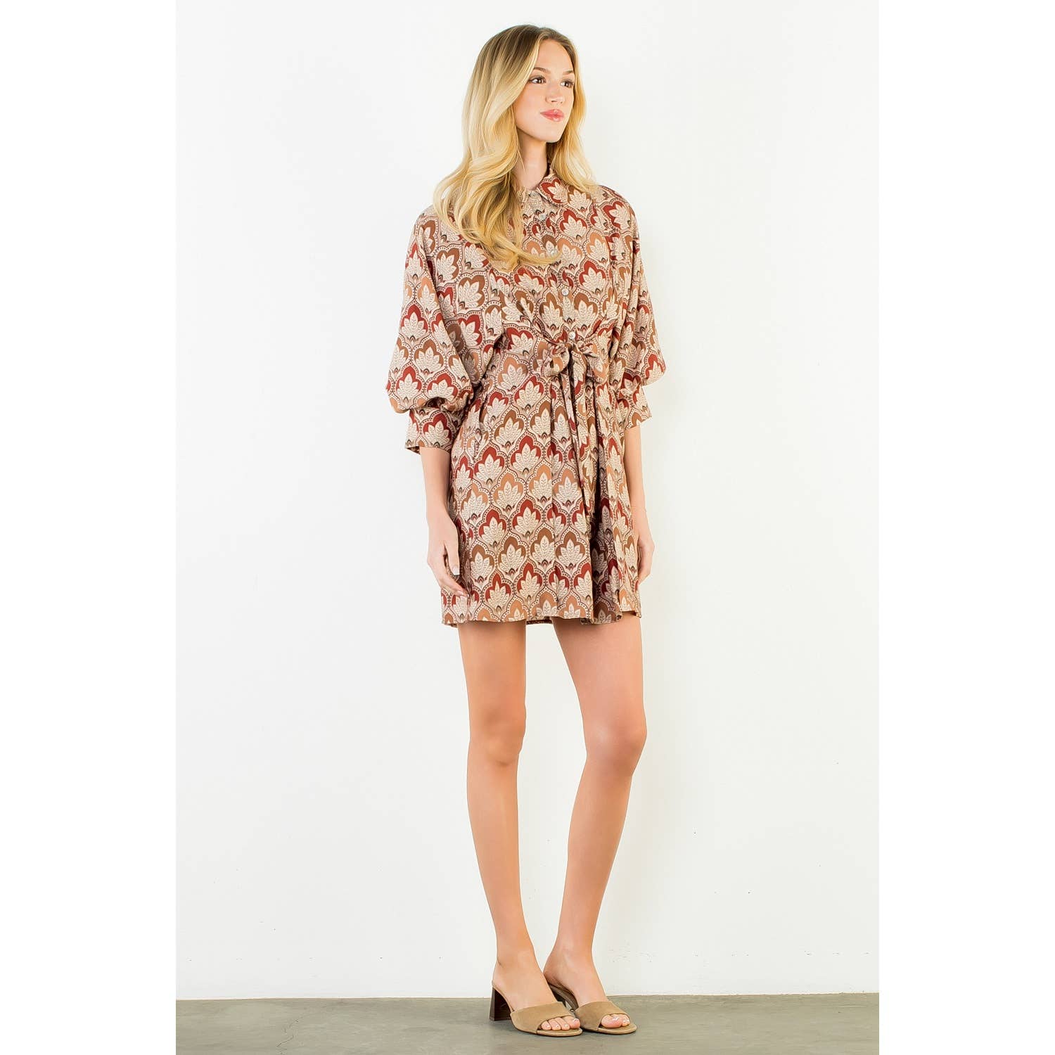 Alina - Long Sleeve Pattern Button Down Dress