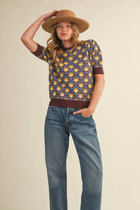 MAEBERRY - FLORAL PATTERN SHORT SLEEVE SWEATER