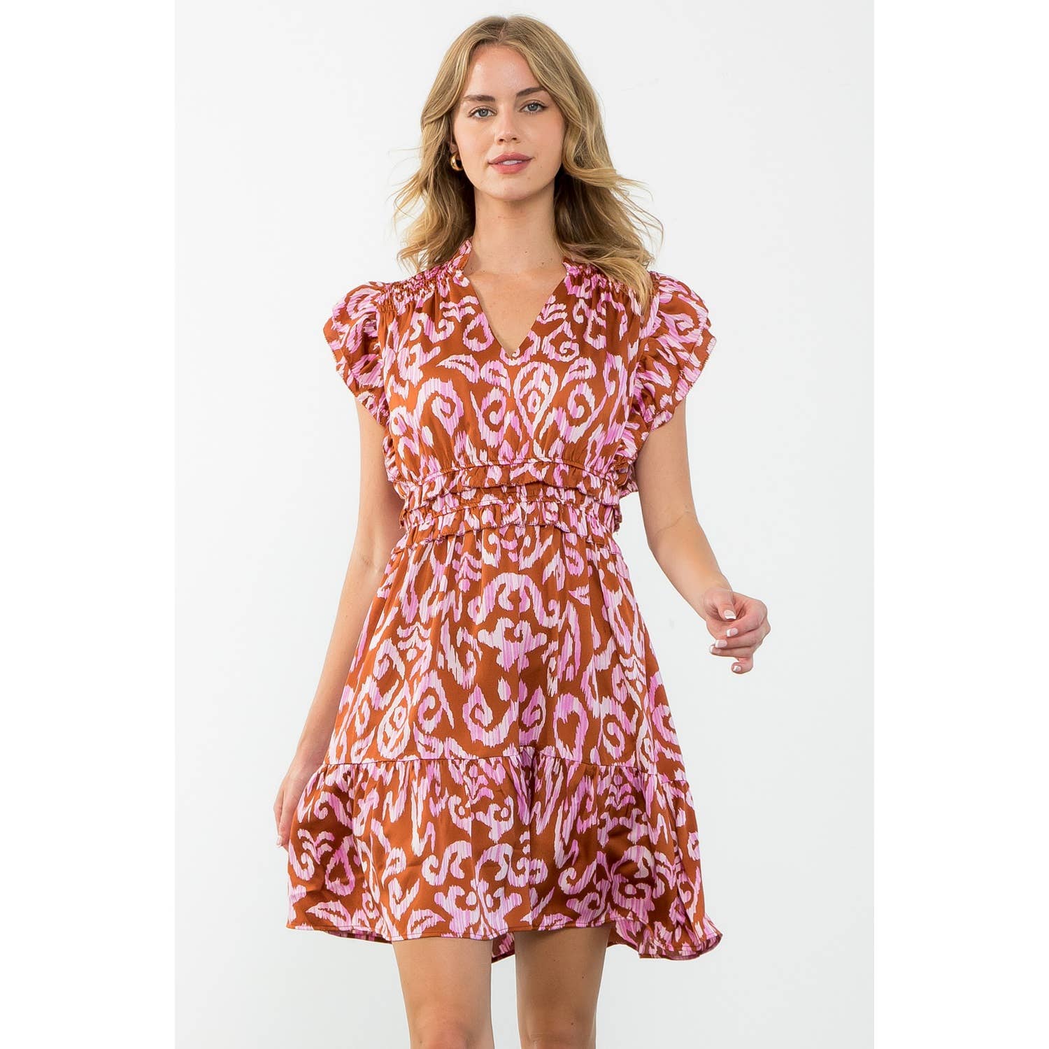 Monica-Flutter Sleeve Tiered Print Mini Dress