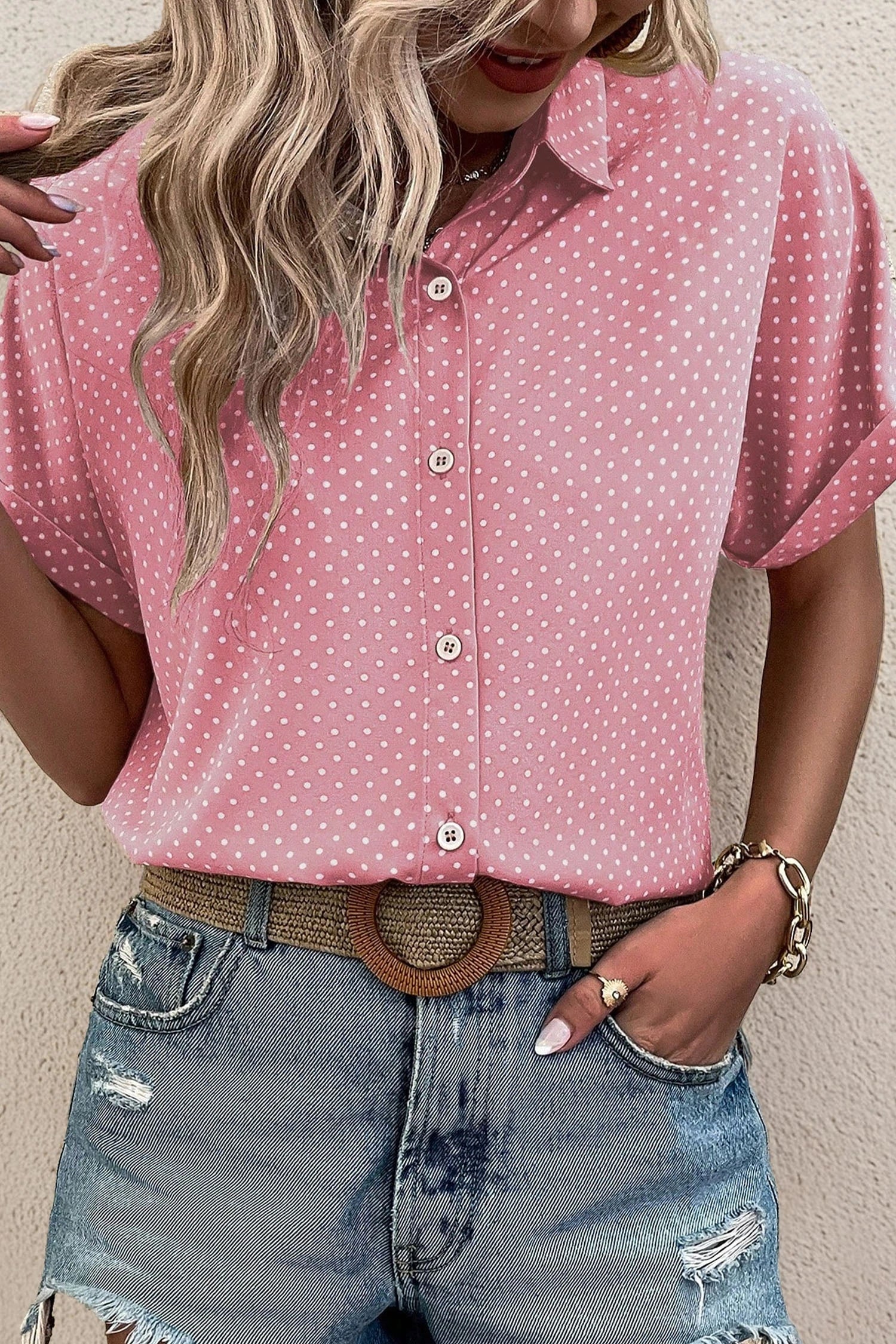 Emy - Dotted Print Cuffed Short Sleeve Shirt