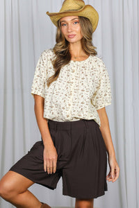 Leah - Paisley Floral Print Round Neck 100%Cotton Blouse Top