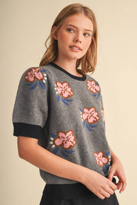 SAVANNA - FLORAL KNIT SHORT SLEEVE SWEATER
