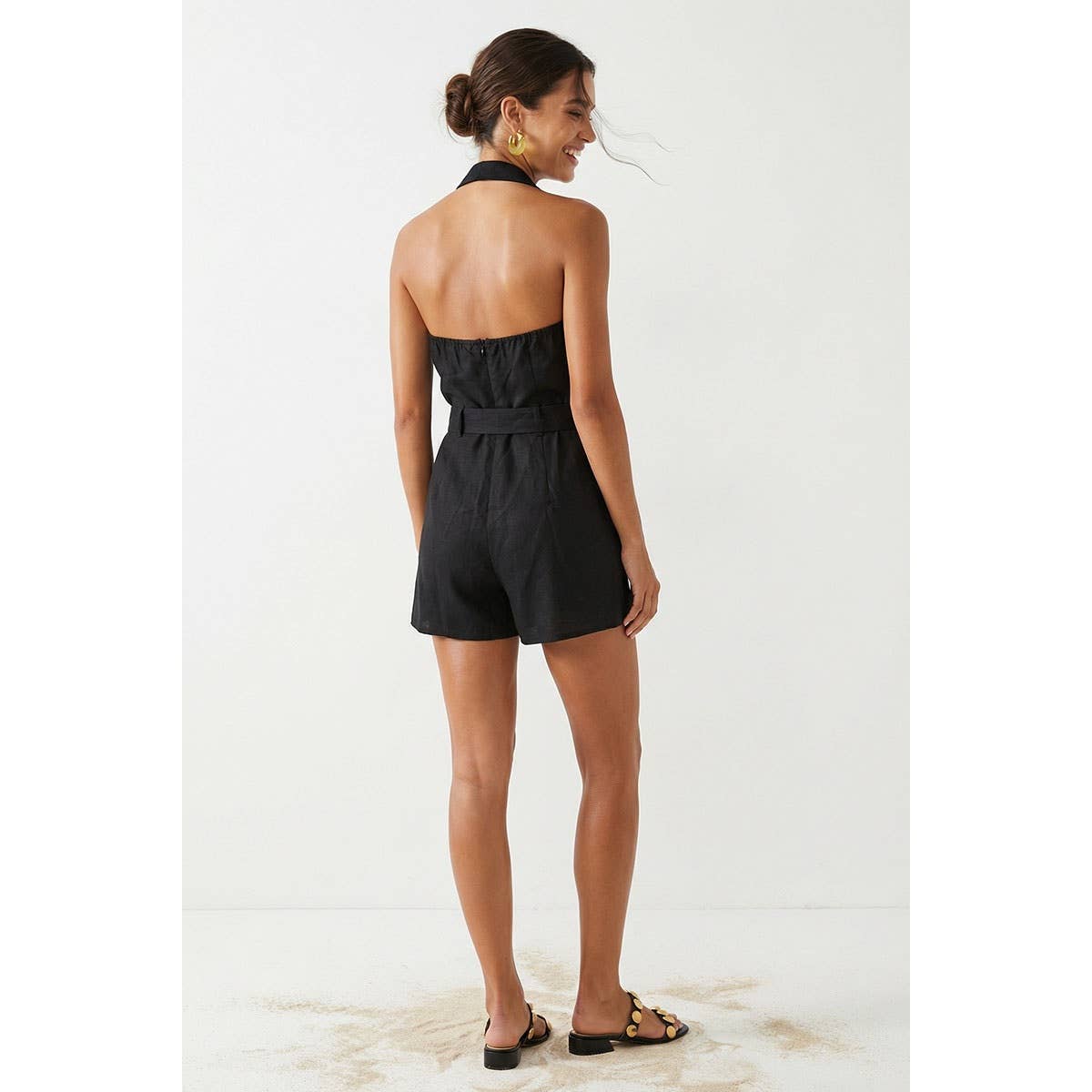 Kara - Belted Linen Halter Romper