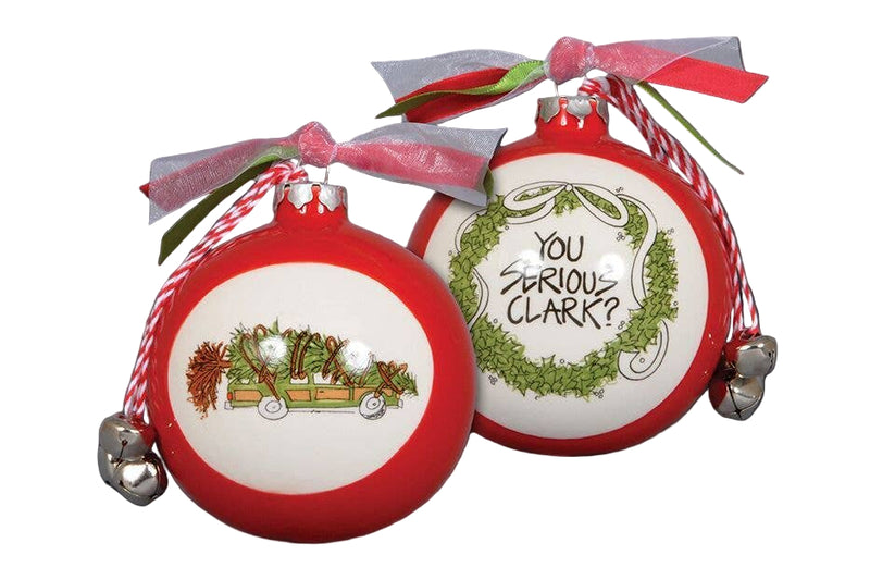 Two Christmas ornaments with red borders and white centers, featuring festive designs and text.