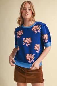 SAVANNA - FLORAL KNIT SHORT SLEEVE SWEATER