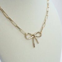 Gold Bow Necklace - Short Dainty Paperclip Chain