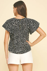 NEESA- FLORAL RUFFLED BLOUSE TOP WITH SEASHELL DETAIL