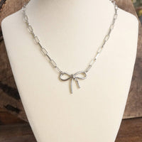 Silver Bow Necklace - Short Dainty Paperclip Chain