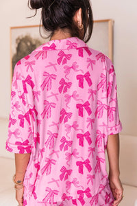 Penelope-Pink Bow Print Half Sleeve Shirt and Shorts Pajamas Set
