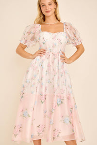 Cassy Floral print colorblock midi dress with puff short sleeves