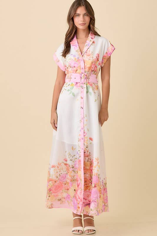 Phoebe - Floral Print Lapel Collar Button Down Maxi Dress