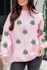 Pink Sequin Christmas Tree Sweatshirt – Festive Graphic Cotton Blend Pullover, Women's Cozy Holiday Sweatshirt