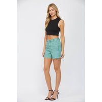 Teal Wash High-Rise Frayed Hem Carpenter Shorts